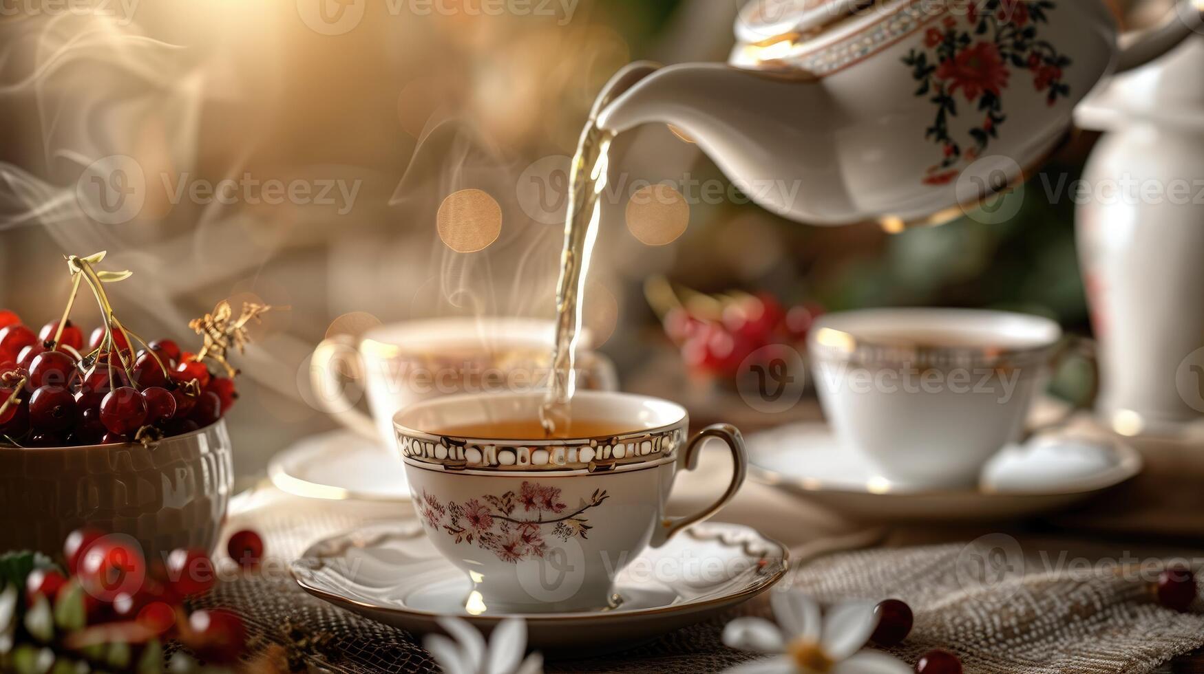 Cozy Afternoon Tea with Cherry Accents and Soft Lighting photo