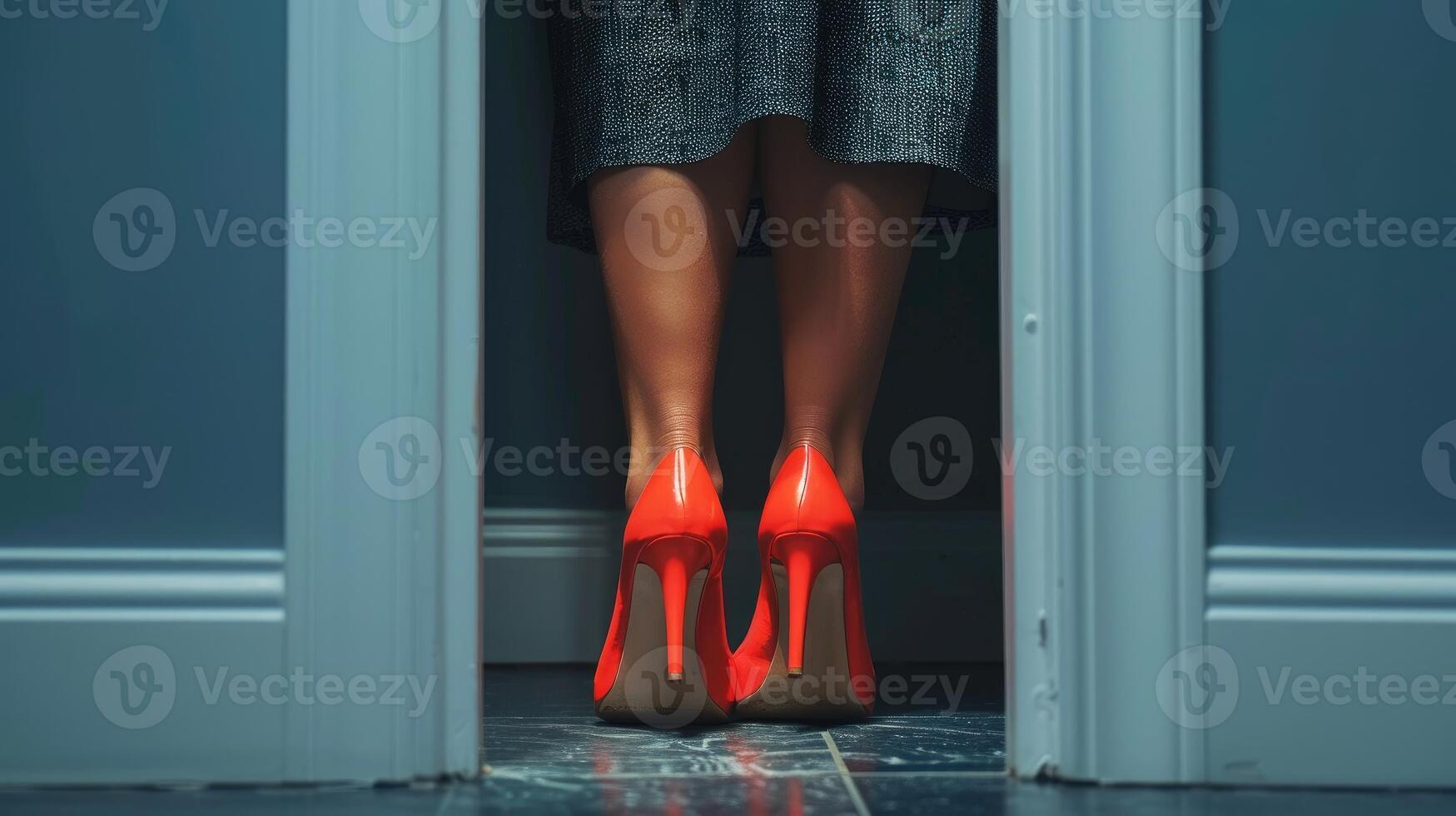 Striking Red Heels and Textured Skirt in Doorway photo
