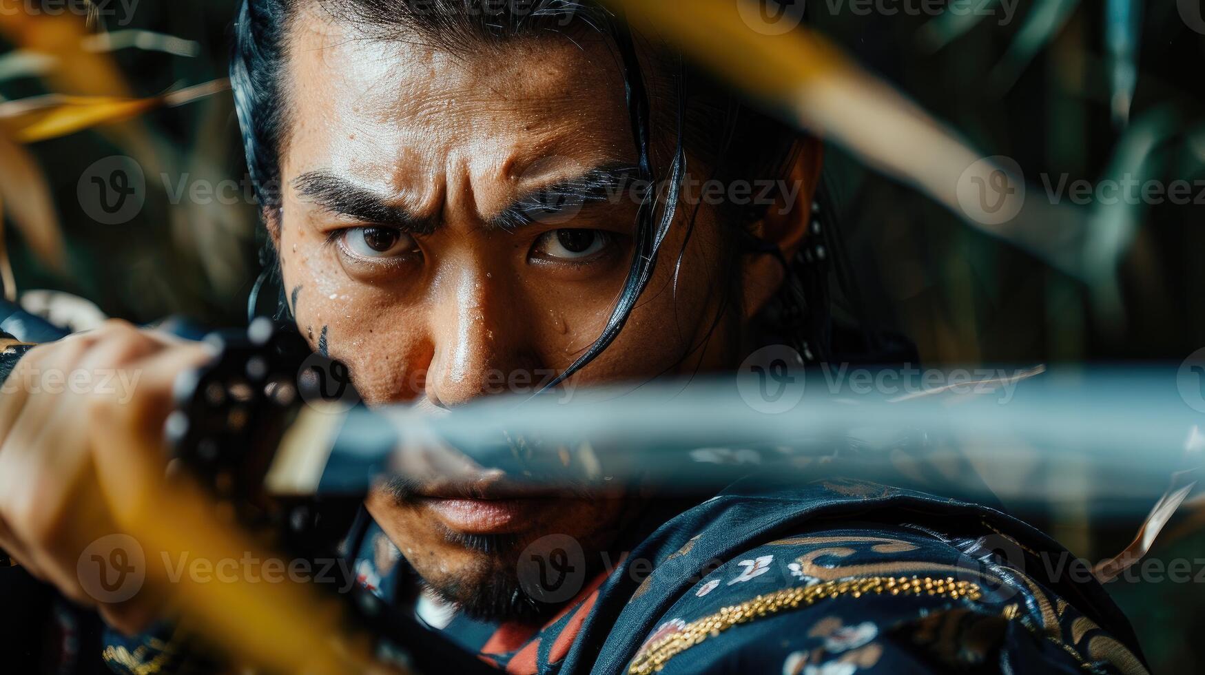Determined Warrior Fierce focus with sword in hand photo