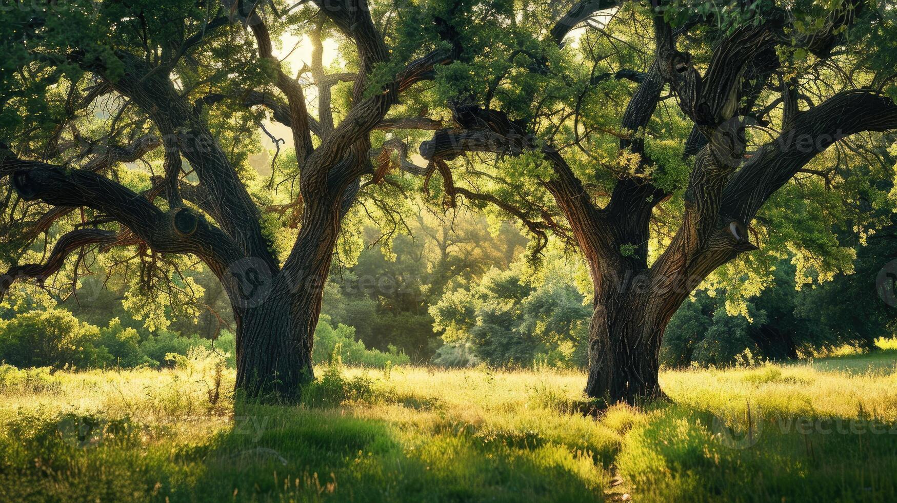 Sunlit Clearing Two Ancient Trees Stand Tall Side by Side photo