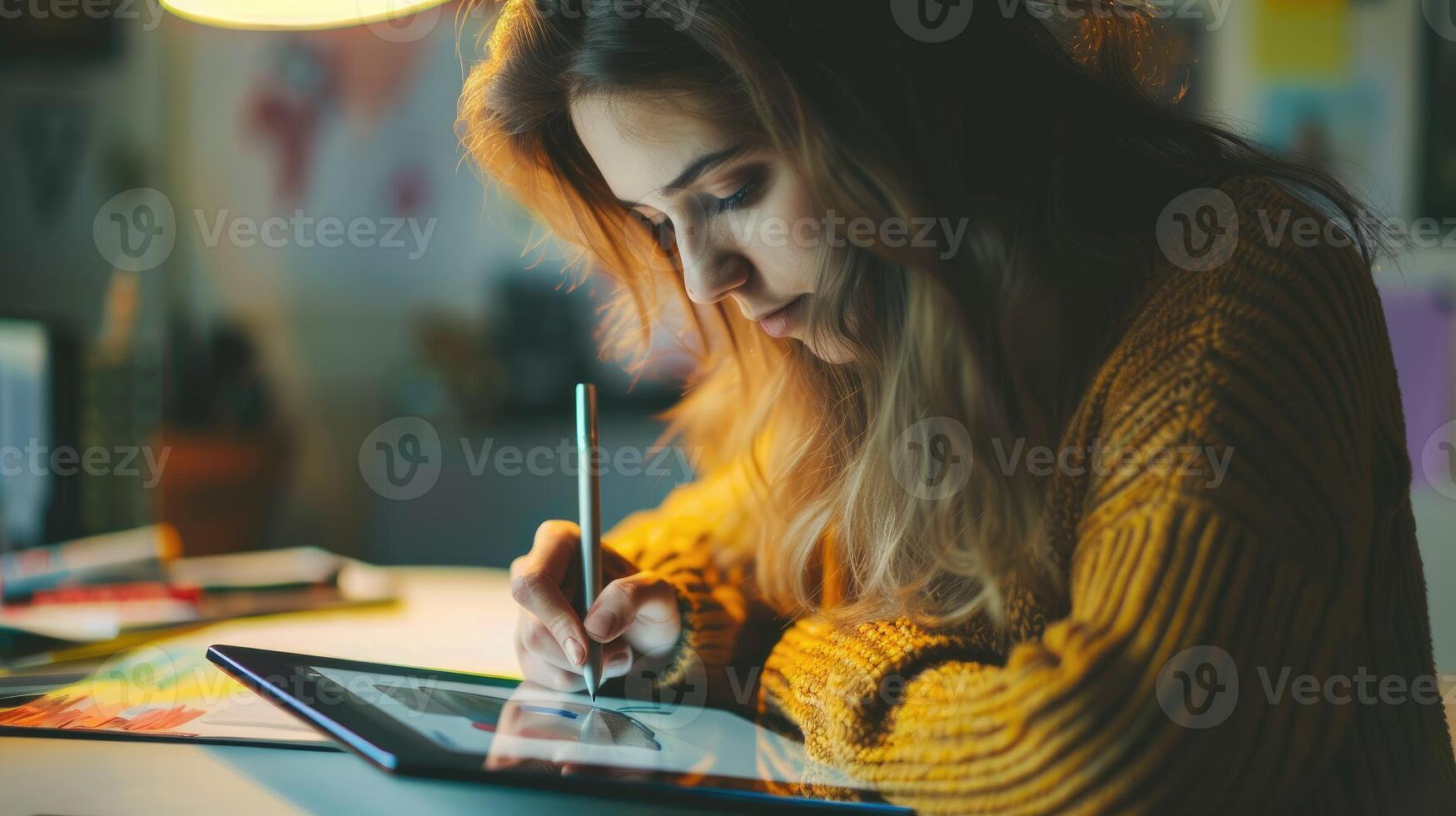 The Creative Process Woman in Yellow Sweater Drawing Digitally photo