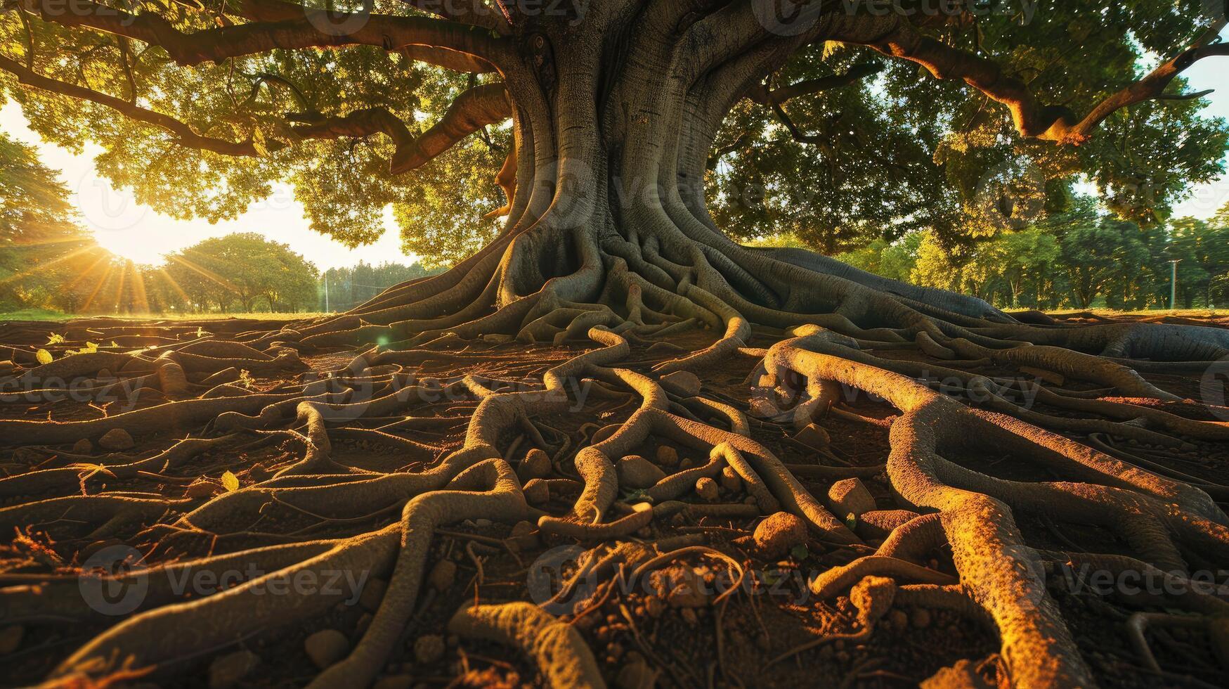 Golden rays dance on forest floor beneath ancient tree photo