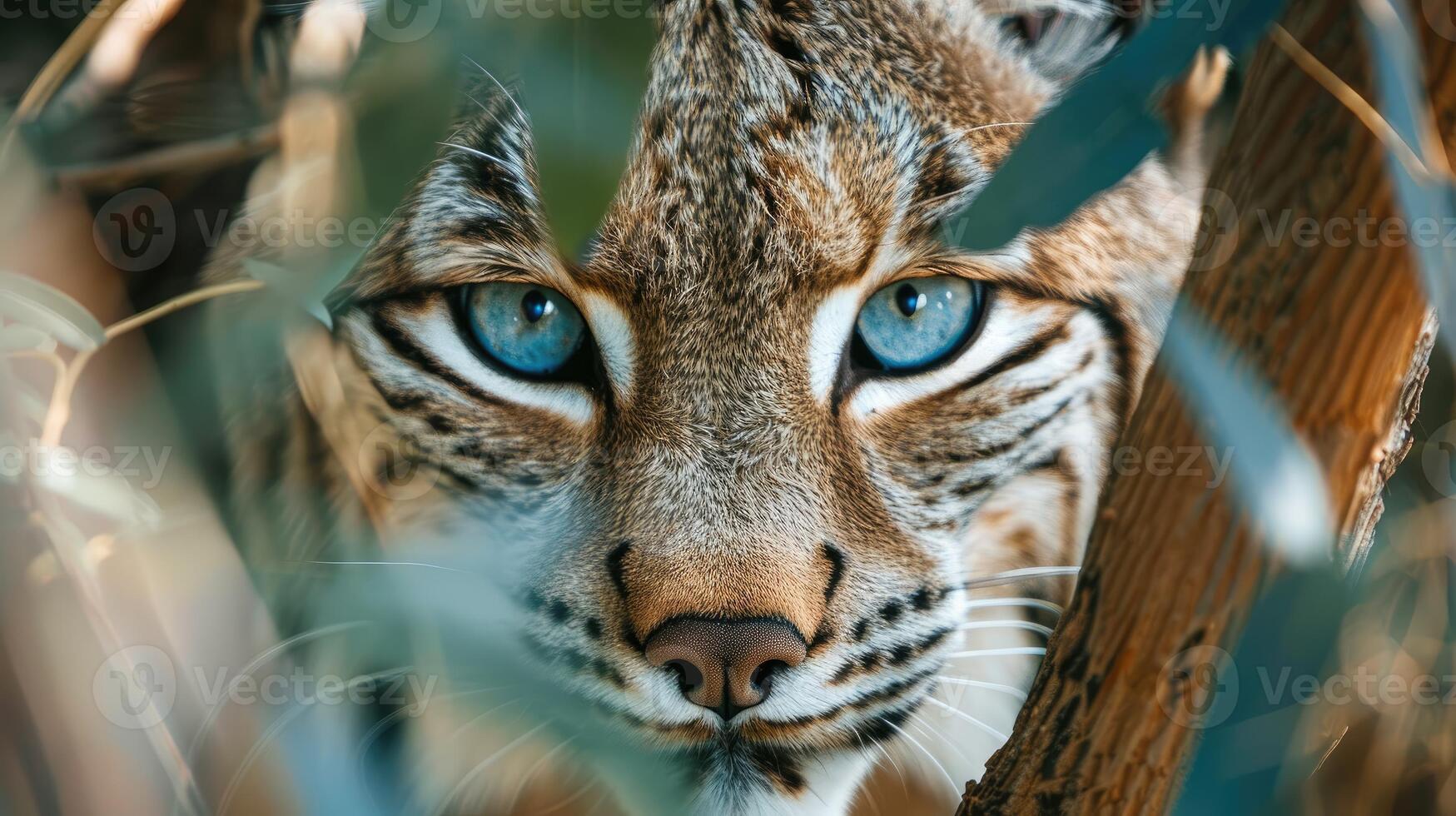 Intense Gaze Lynxs Striking Blue Eyes in Natural Habitat photo