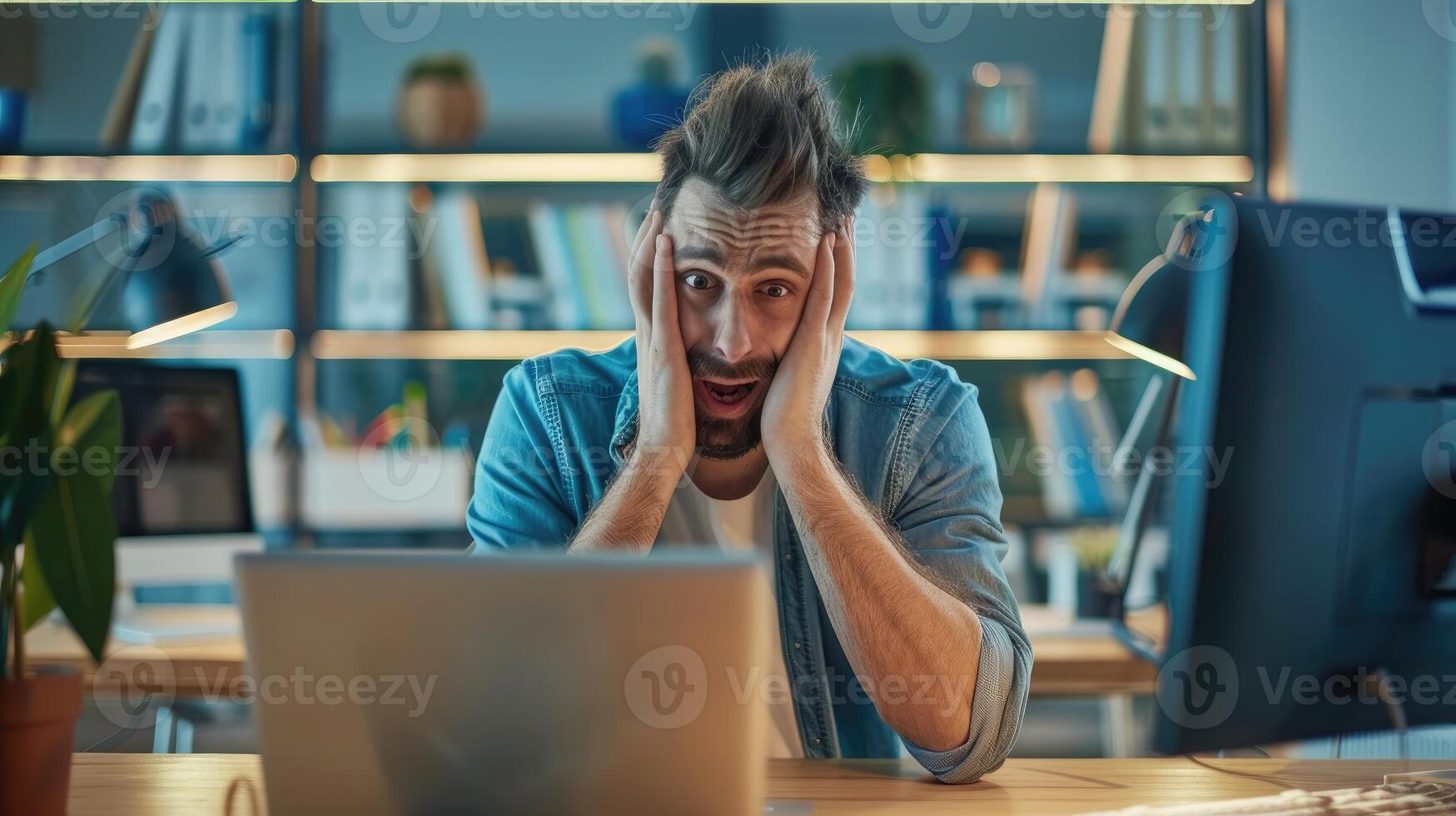 Overwhelmed Office Worker Reacts in Shock to Computer Screen photo