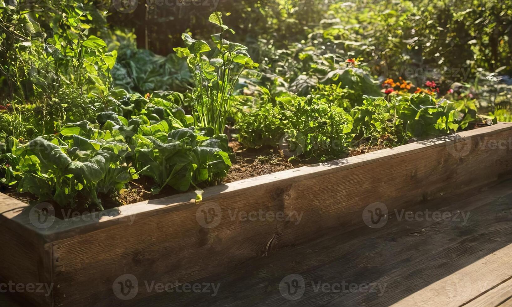 Raised wooden bed in backyard garden photo
