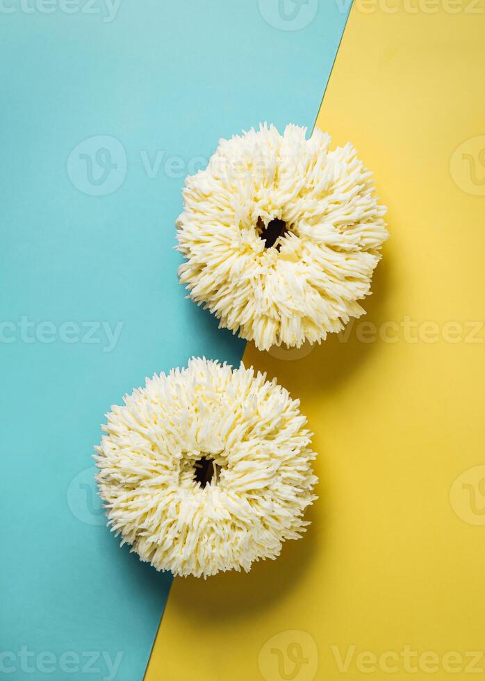 Shag donuts on blue-yellow background, copy space photo