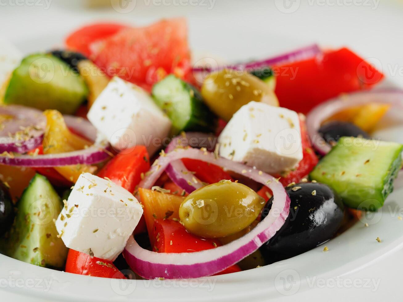 Greek salad on the table, close up photo