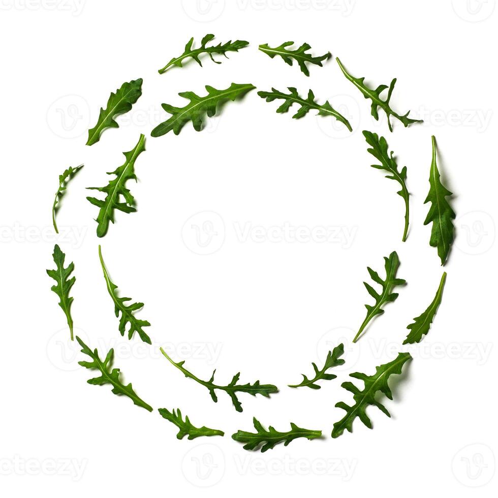 Pattern from arugula in round frame isolated photo