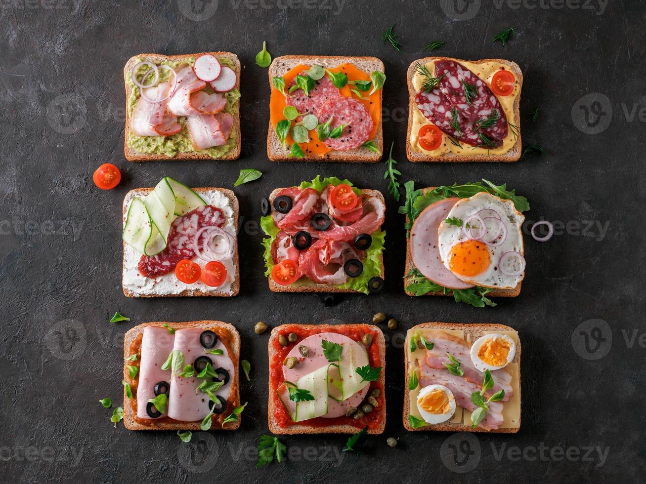 open sandwiches with different meat, copy space photo