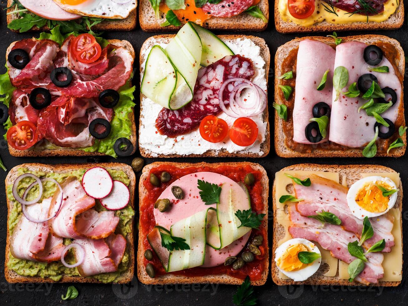 open sandwiches with different meat, top view photo