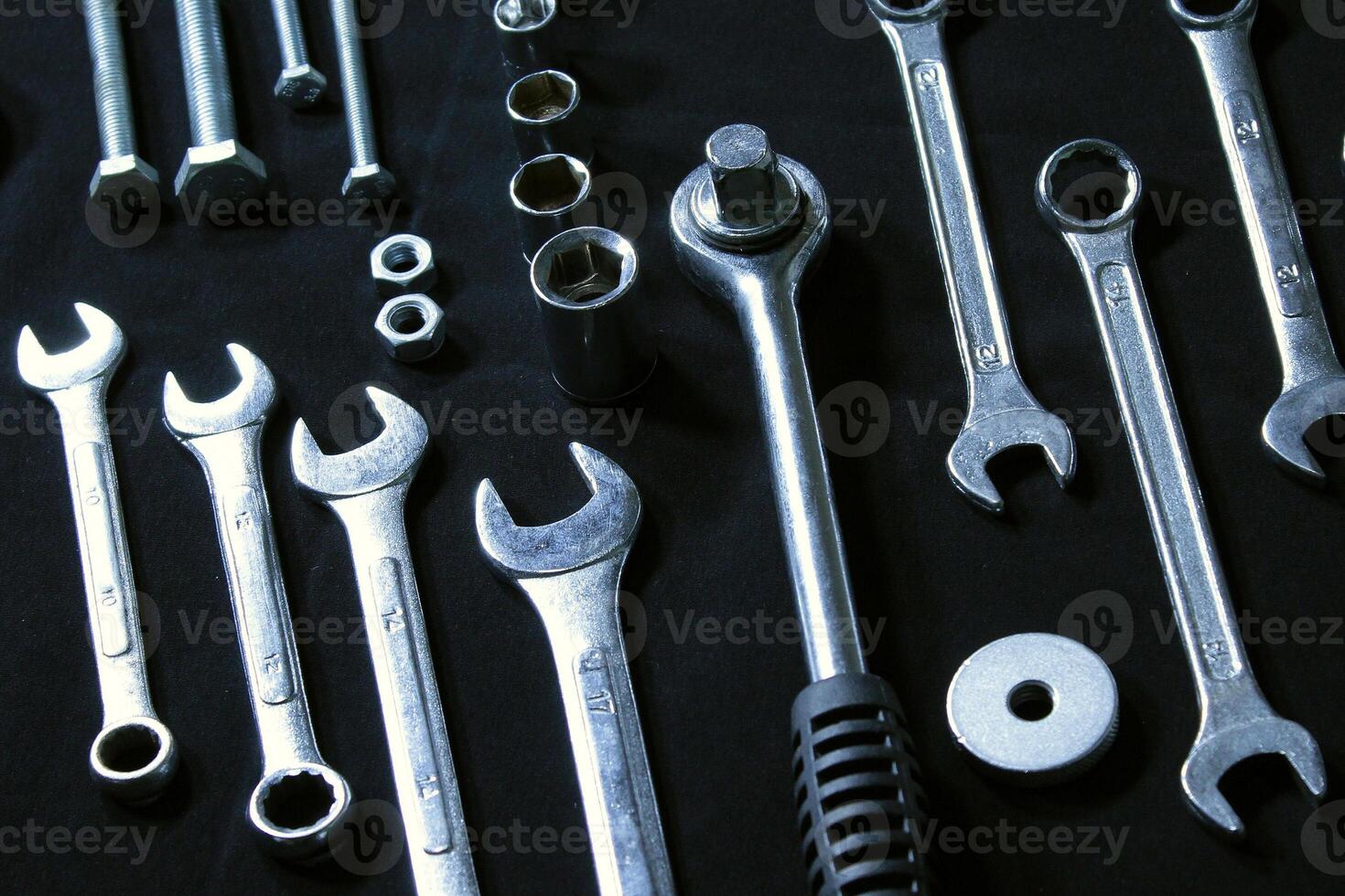 Chrome Vanadium Wrenches And Socket Spanner Flat Lay Photo