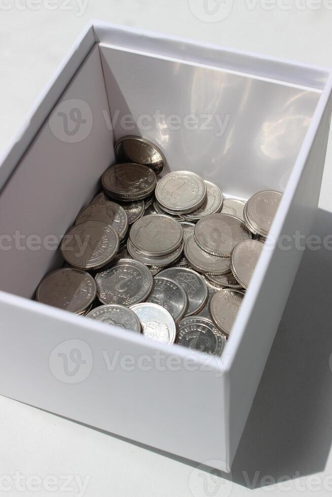 Ukrainian Coins Of Variety Denominations In Clean White Box On White Surface photo