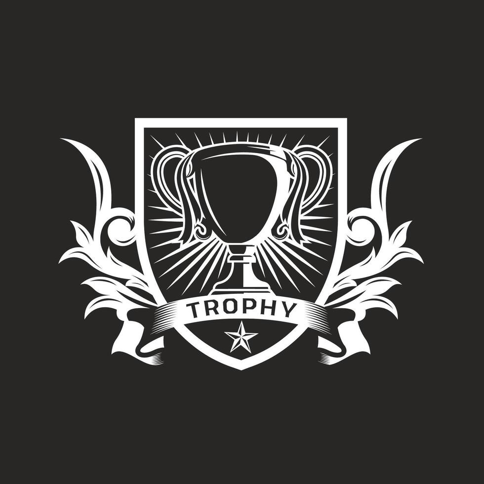 Trophy cup standing on shield with banner and floral ornaments vector