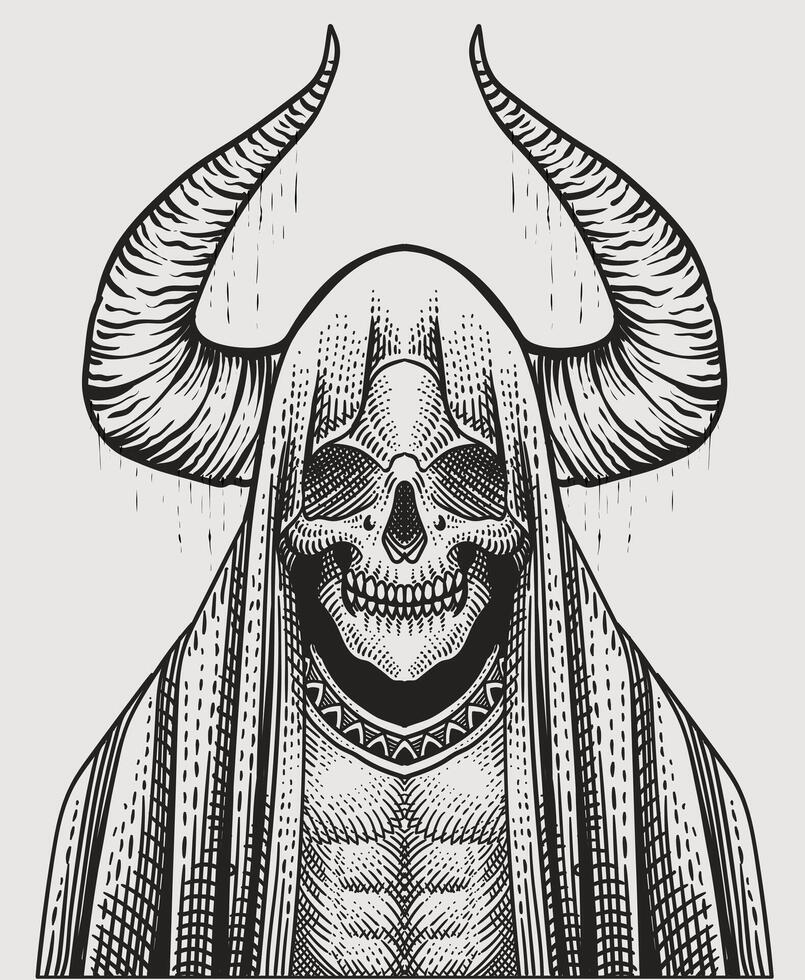Illustration demon skull with engraving hand drawn style - illustration vector