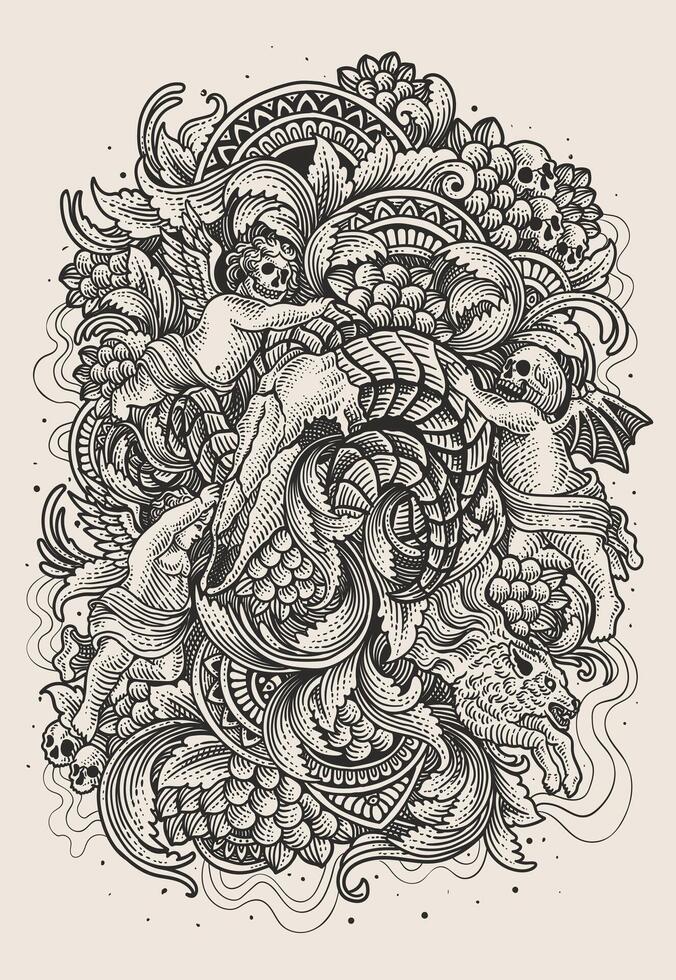 Gothic illustration goat skull with demon and angel engraving ornament hand drawn, Black and white - illustration vector