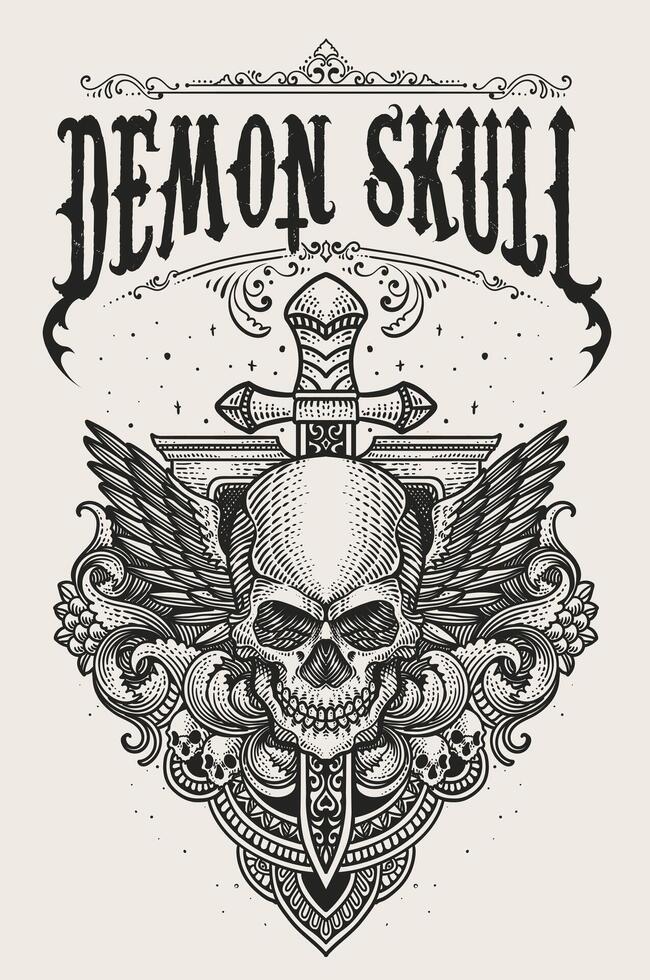 Illustration gothic skull with monochrome wings engraving ornament - Eps 10 vector