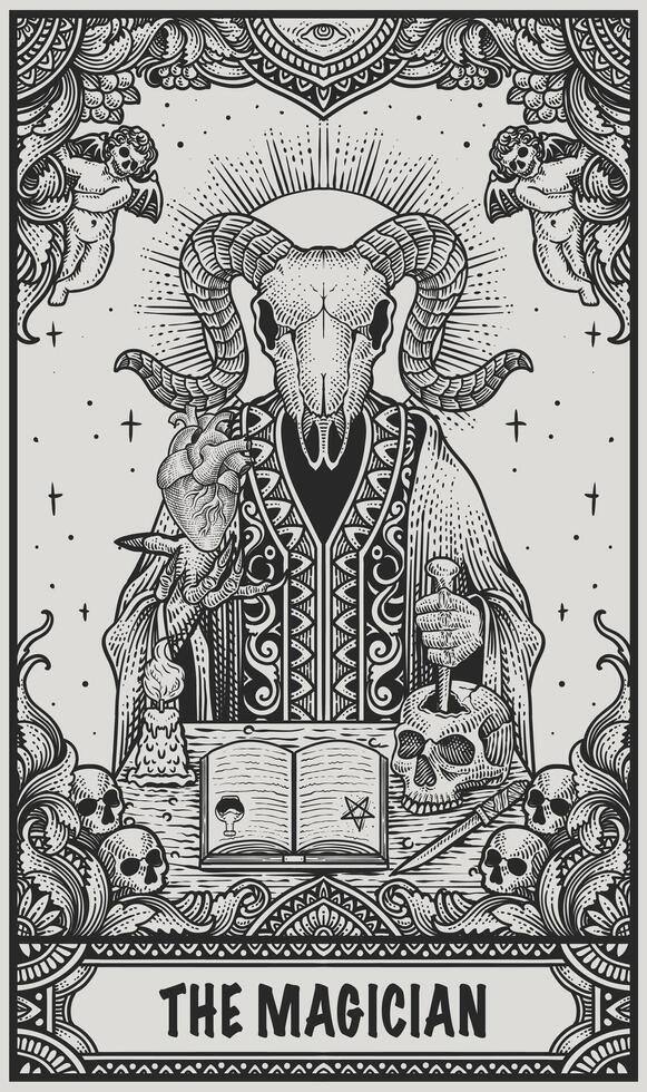 Illustration demon goat skull with engraving ornament frame hand drawn style - Eps 10 vector