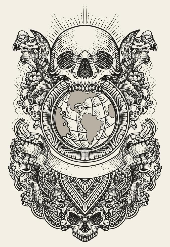 Illustration gothic engraving ornament frame with globe, monochrome style - Eps 10 vector