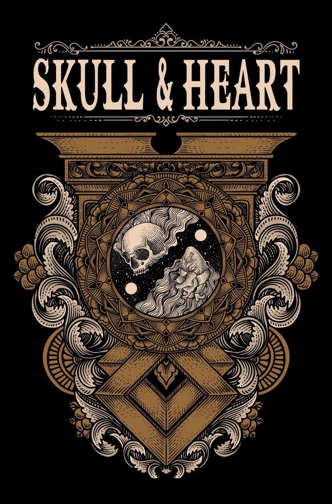 Illustration burning skull and heart with vintage engraving ornament - Eps 10 vector