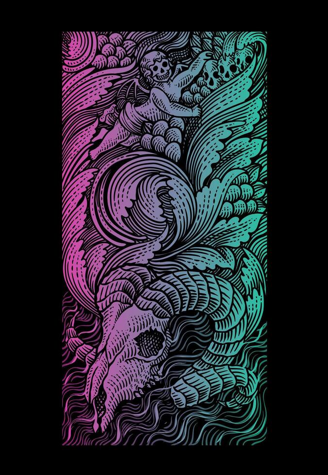 Gothic illustration goat skull with demon and angel engraving ornament gradient color - Eps 10 vector