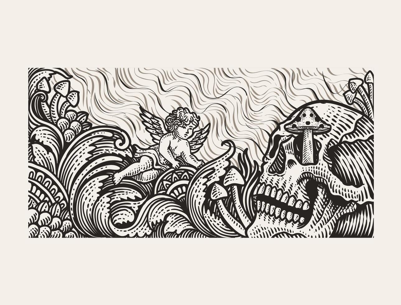 Illustration floral skull with engraving ornament hand drawn - illustration vector