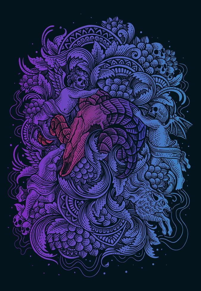 Gothic illustration goat skull with demon and angel engraving ornament gradient color - illustration vector