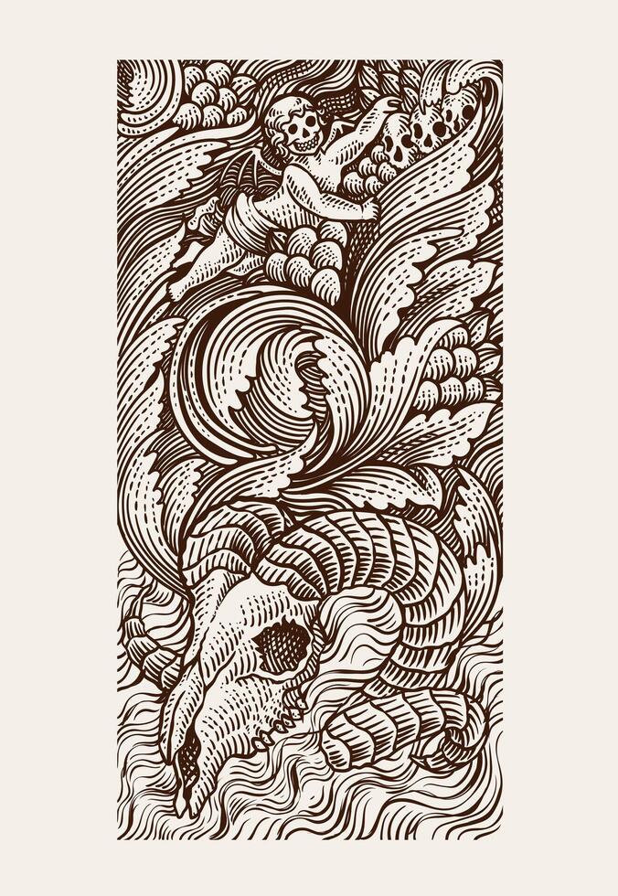 Gothic illustration goat skull with demon and angel engraving ornament hand drawn - illustration vector