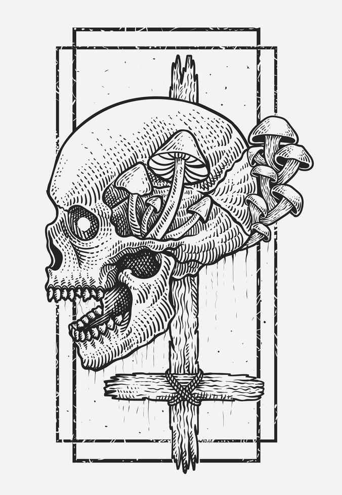 Illustration hand drawn scary skull mushroom good for T shirt and merchandise - Eps 10 vector