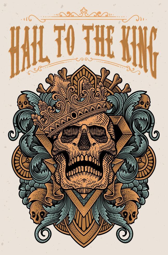 Artwork illustration skull with king crown. engraving ornament hand drawn - Eps 10 vector