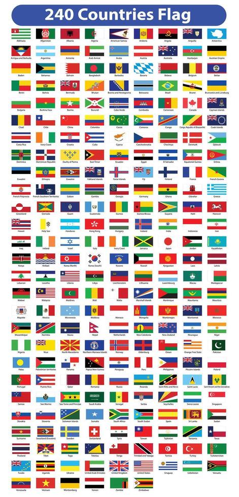 All national flags of the world. Country flags with name. Countries flag banners, International travel symbols and geography or language lesson flags emblem. Flags of all countries. vector