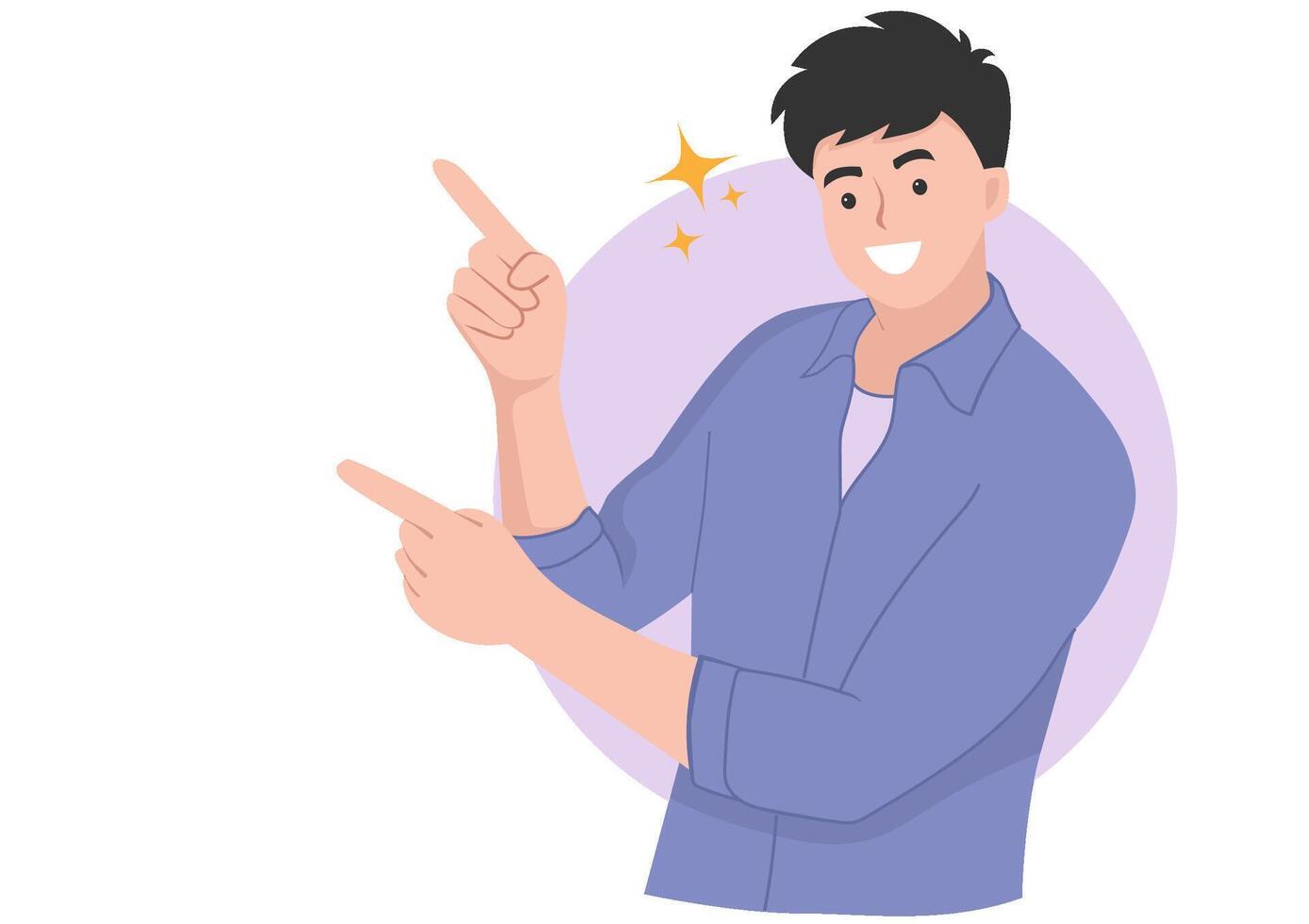 Young man pointing fingers of both hands to right side, happy face. illustration vector