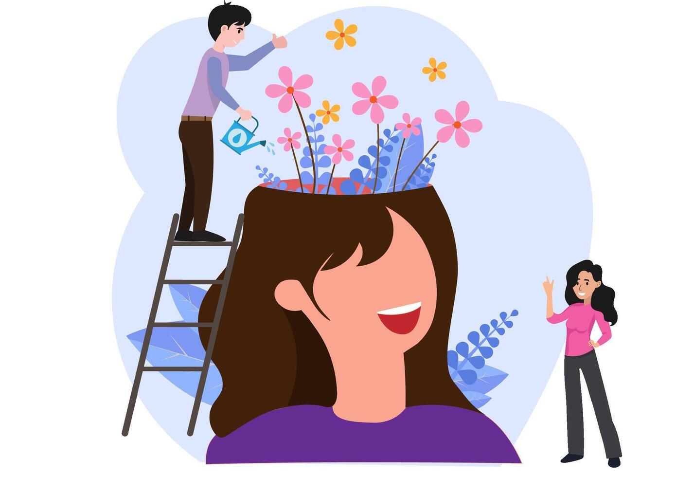 Happy girl having great mental health and positive mood. Tiny man watering flowers inside womans head. For psychology, genius, growth, development, intelligence concept vector