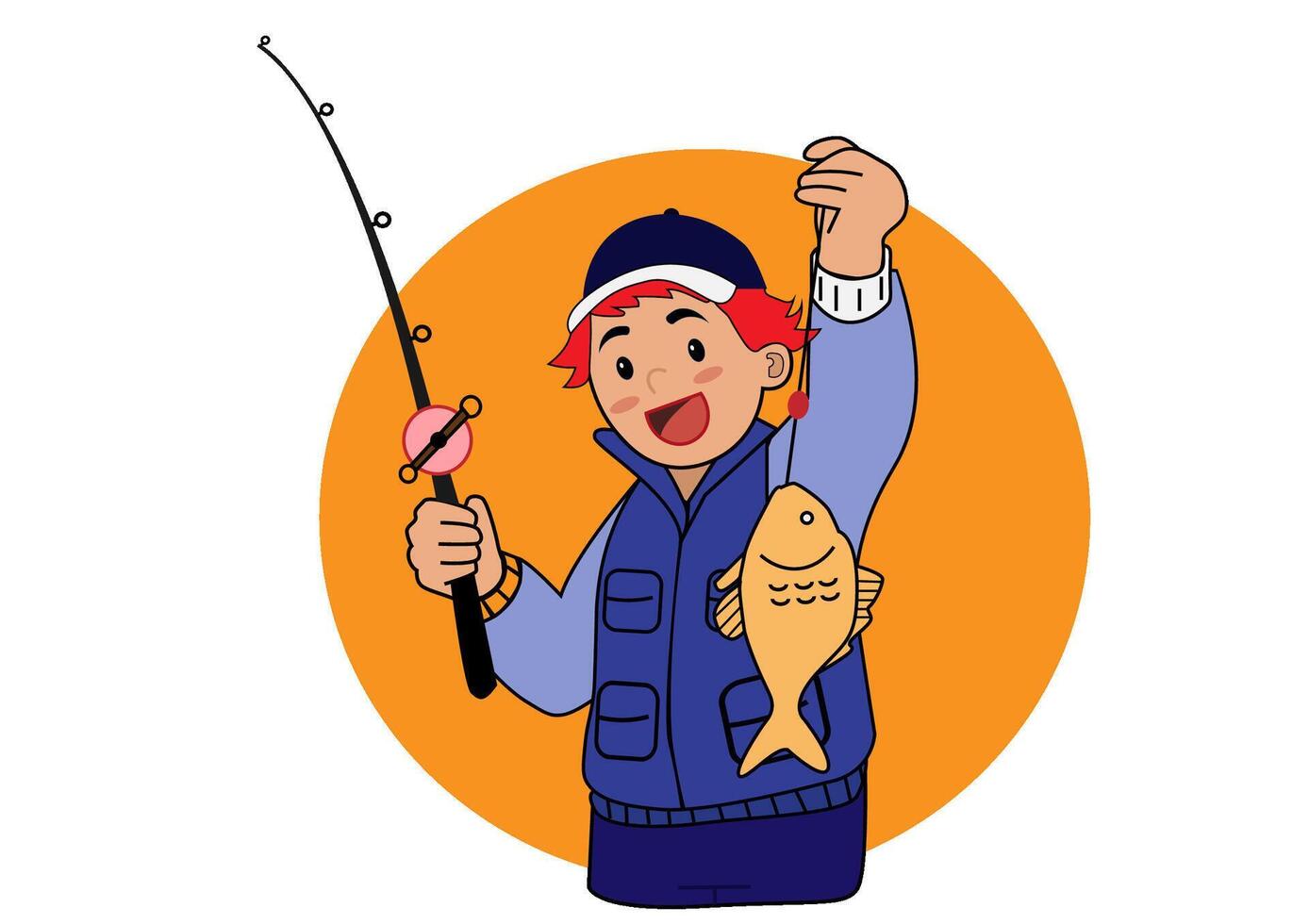 Proud Victory The Boy He Caught Fishing With a Bass Fishing Rods vector