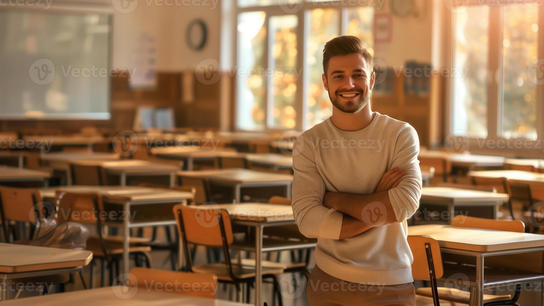a happy male teacher standing with arm crossed next to tabel in class room, soft day light from larg window, free space for text on blurred background photo