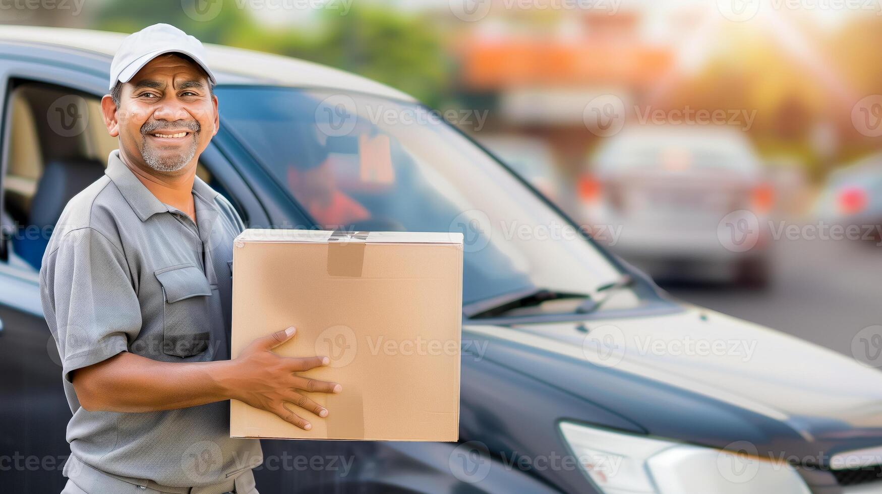smiling delivery asian man holding cardboard box mockup space in urban residential area. He is in uniform standing in front of car. illustrating package delivery, logistics and customer service photo