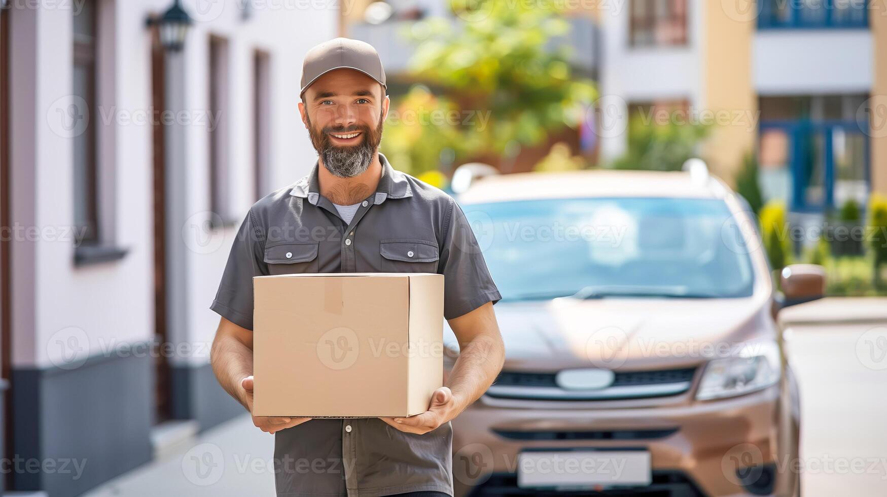 smiling delivery man holding cardboard box mockup space in urban residential area. He is in uniform standing in front of car. illustrating package delivery, logistics and customer service photo