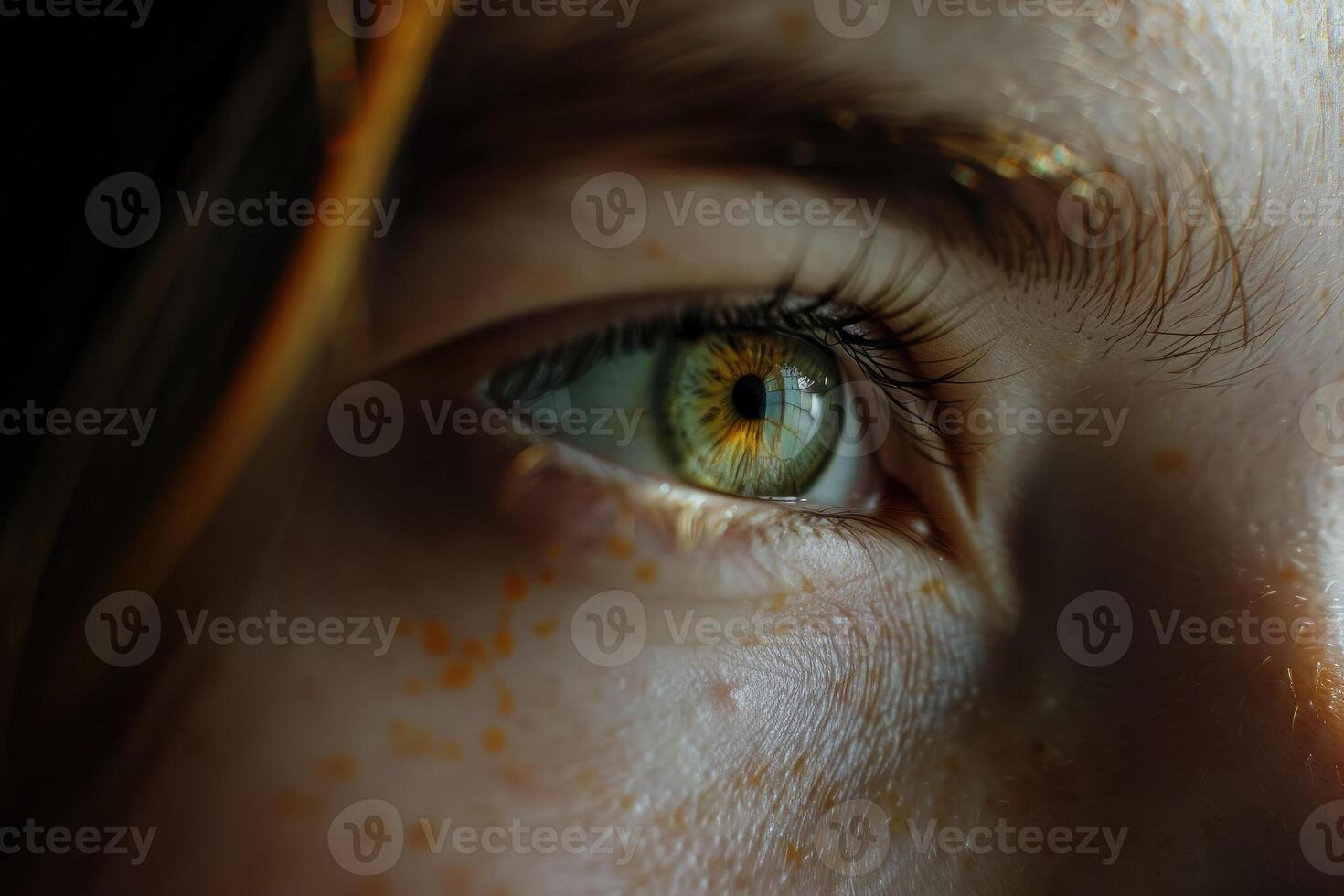Close-up macro shot of vibrant green eye, intricate details of iris and eyelashes. beauty and complexity of human vision, ideal for use in health, beauty, technology-related projects photo