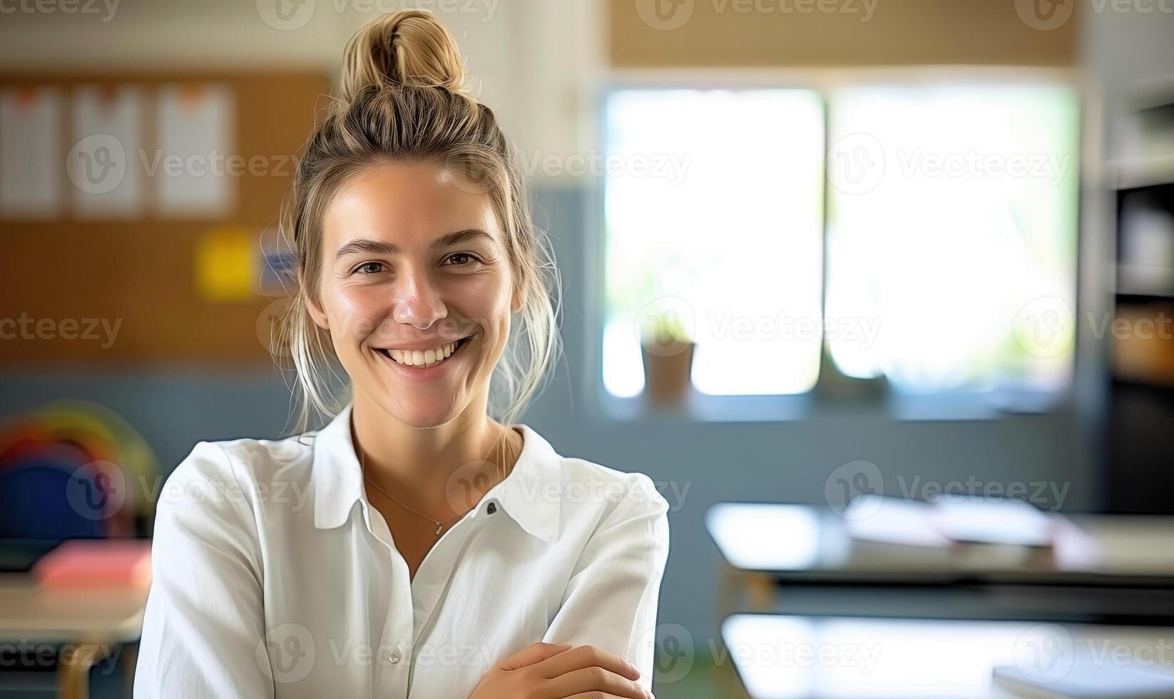 In a classroom, a presented with blond hair is smiling and has her arms crossed. She seems happy and engaged in the event, exuding a sense of fun and professionalism. back to school concept photo
