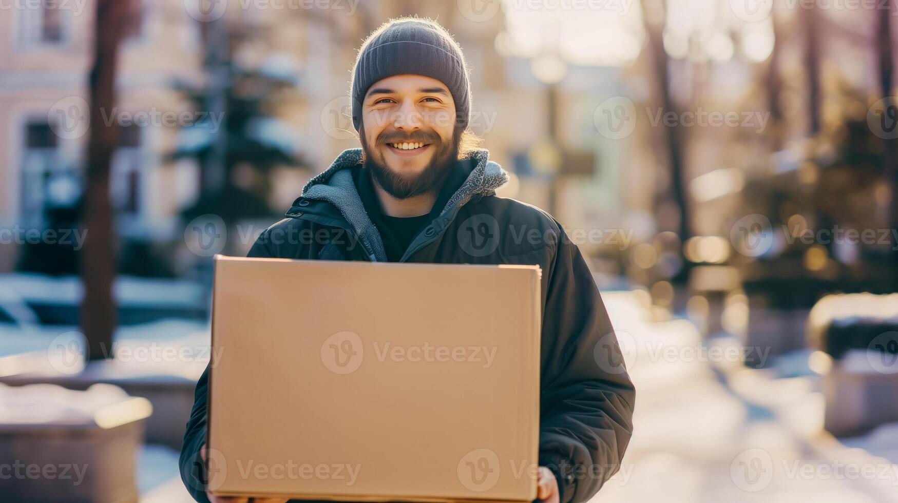 cheerful delivery man holding cardboard box with mockup free space, dressed warmly in winter clothing. depicting package delivery services, logistics, customer satisfaction during holiday season photo