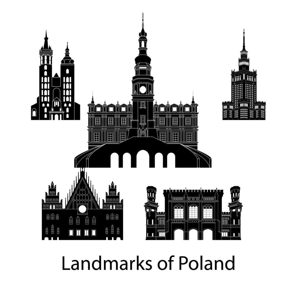 set of Poland famous landmark silhouette style vector