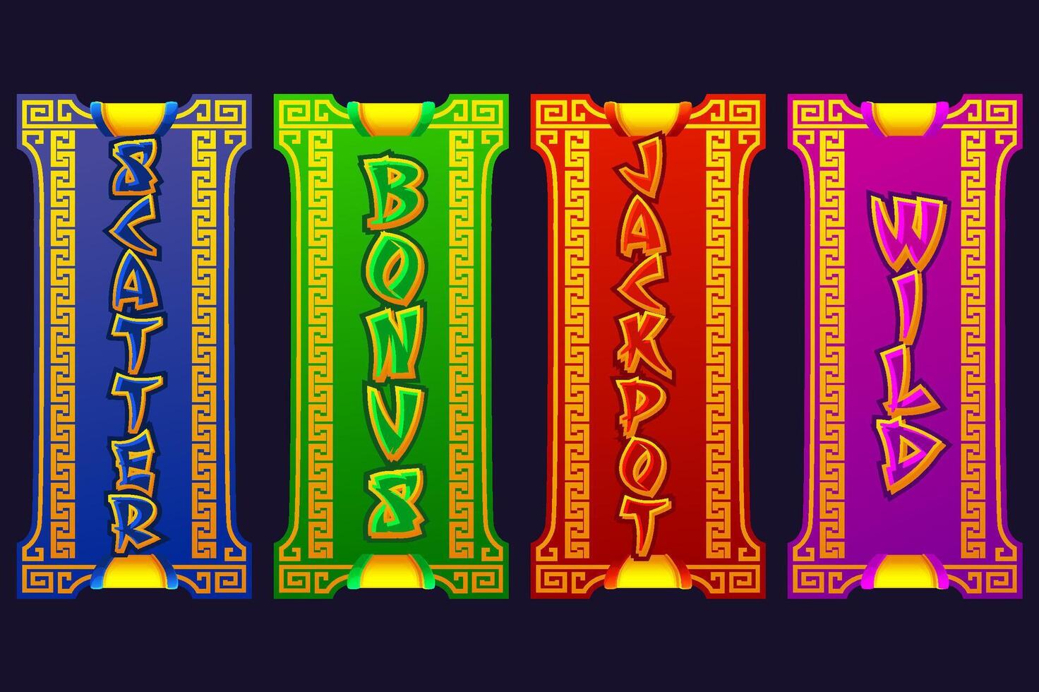 Set of Slot Word - Win, Scatter, Wild, Bonus, and Jackpot. Chinese Style banners for 2D Games and Casino or Slots vector