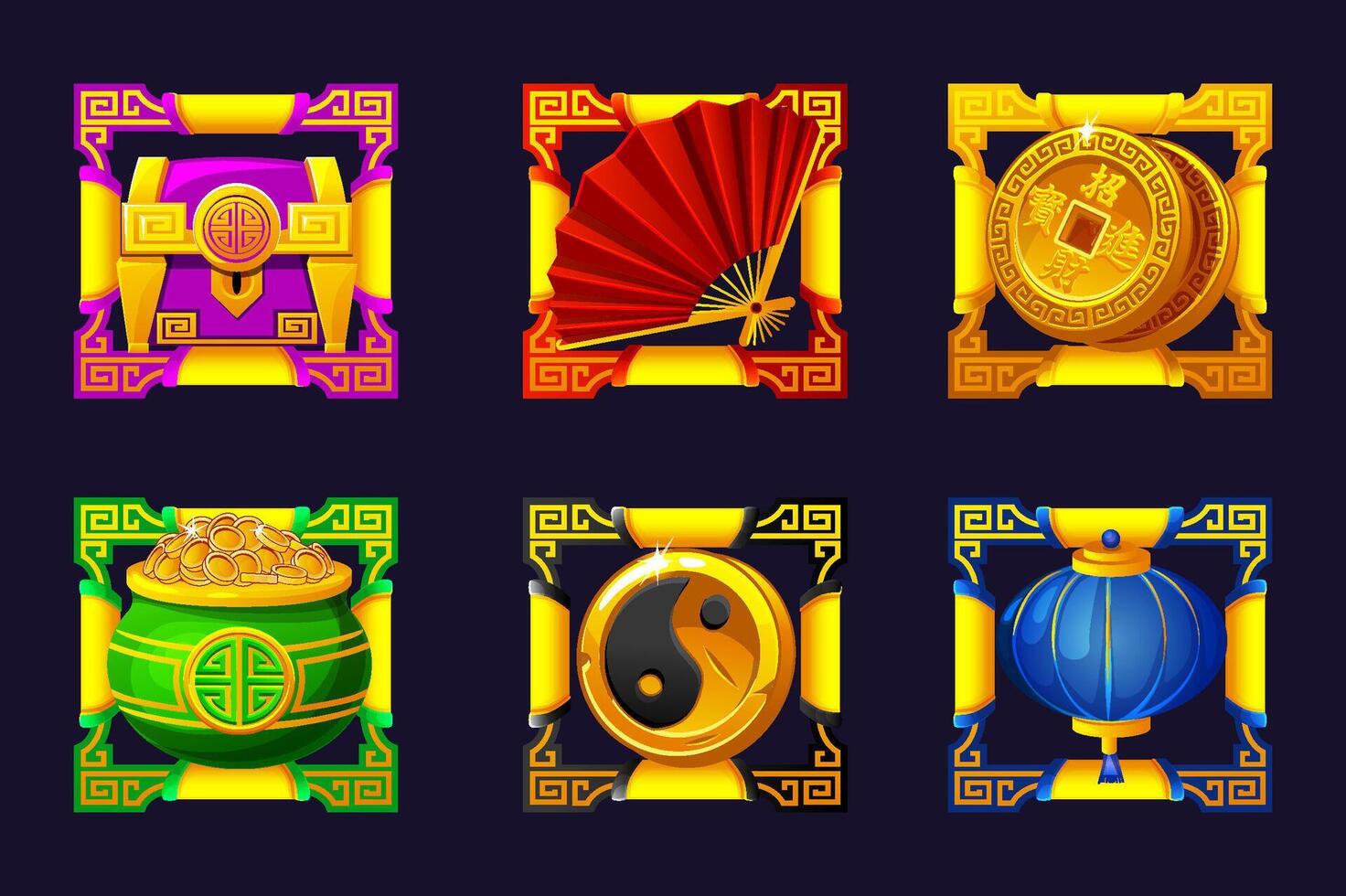 Set of Chinese icons in golden ornament frame. Chinese pot with coins, Yin Yan coin, lantern, good luck coin, Chinese fan, and treasure chest for your 2D games, casino or slot machines. vector