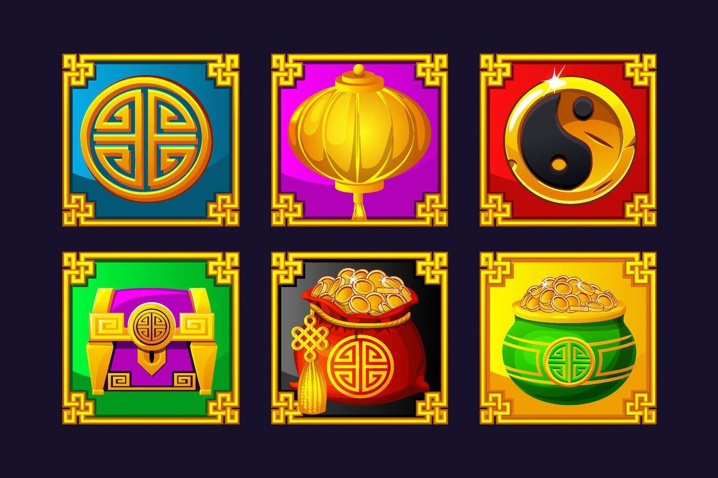 Set of Chinese icons in golden ornament frame. Chinese bag with coins, Yin Yan coin, golden lantern, luck symbol, Chinese pot, and treasure chest vector