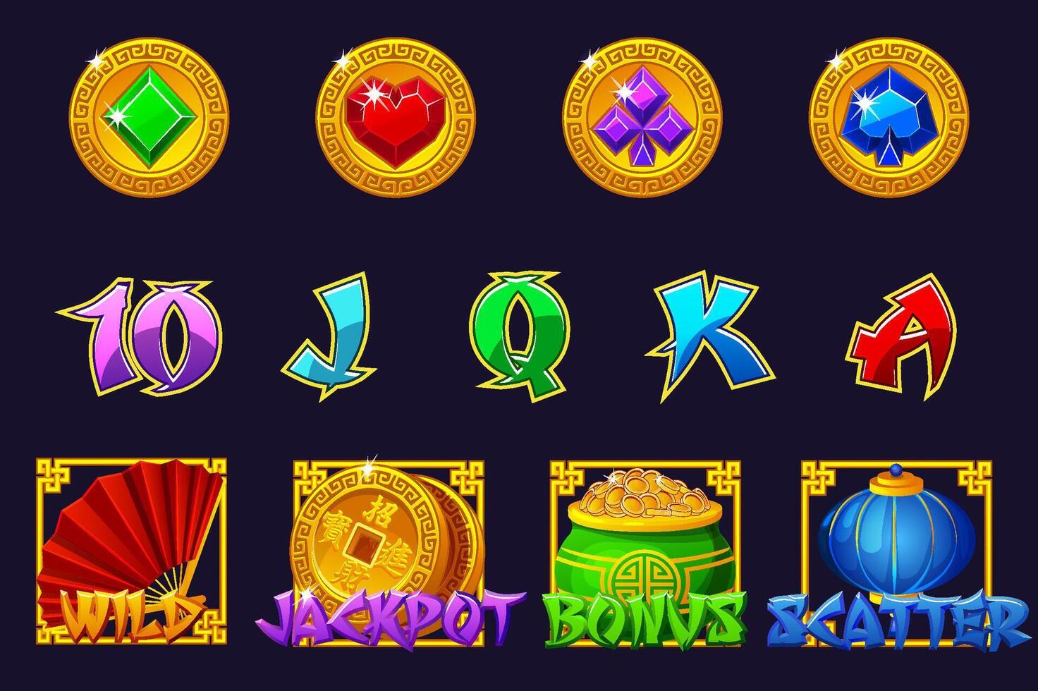 A complete set of symbols for the Chinese slot game. Here are the jackpot, bonus, wild and scatter symbols. Twelve Chinese Icons for Game Development vector