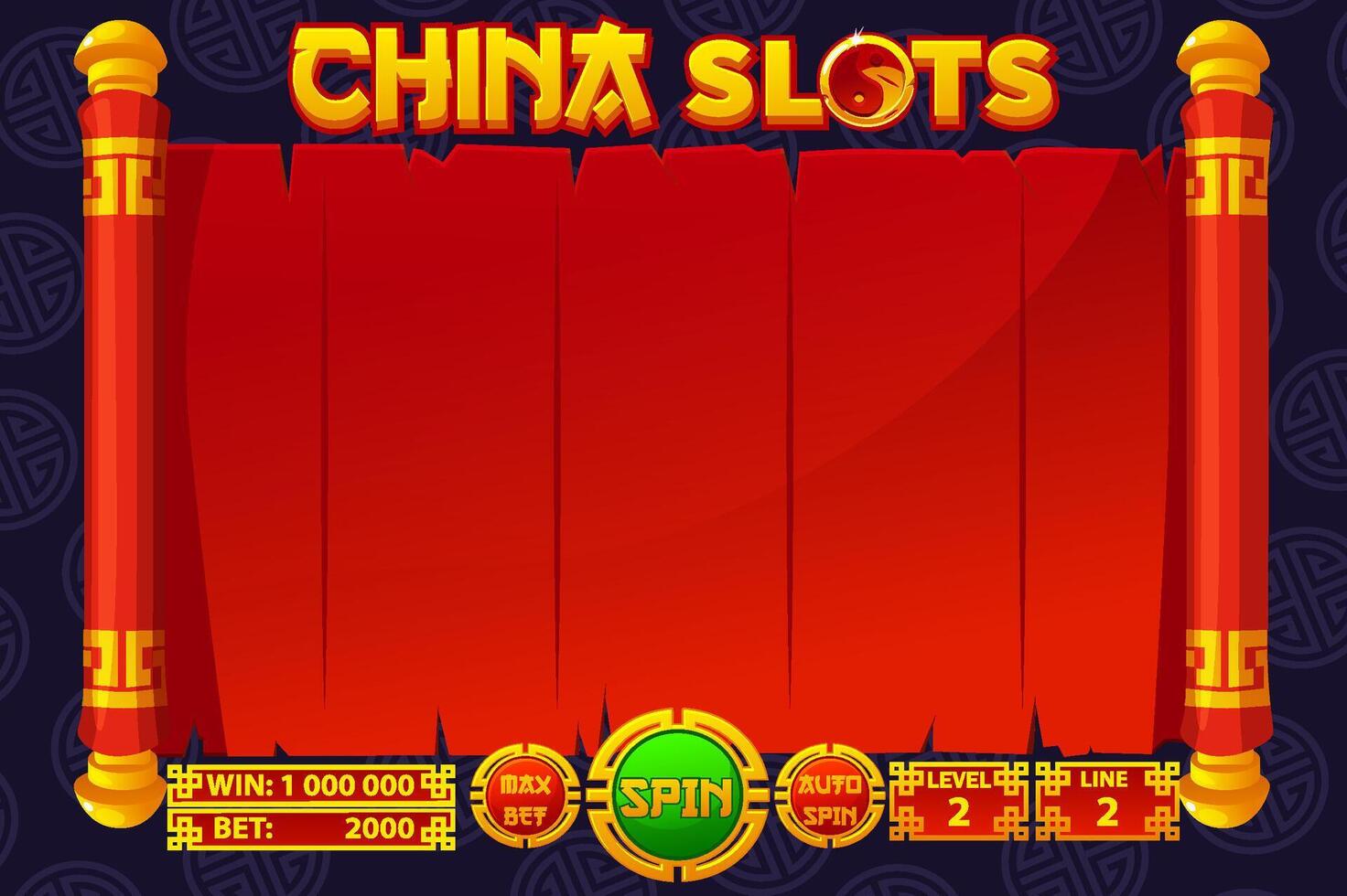 Casino slot machine game UI design. Gambling mobile app concept for the Chinese-themed Casino Game. Red background vector