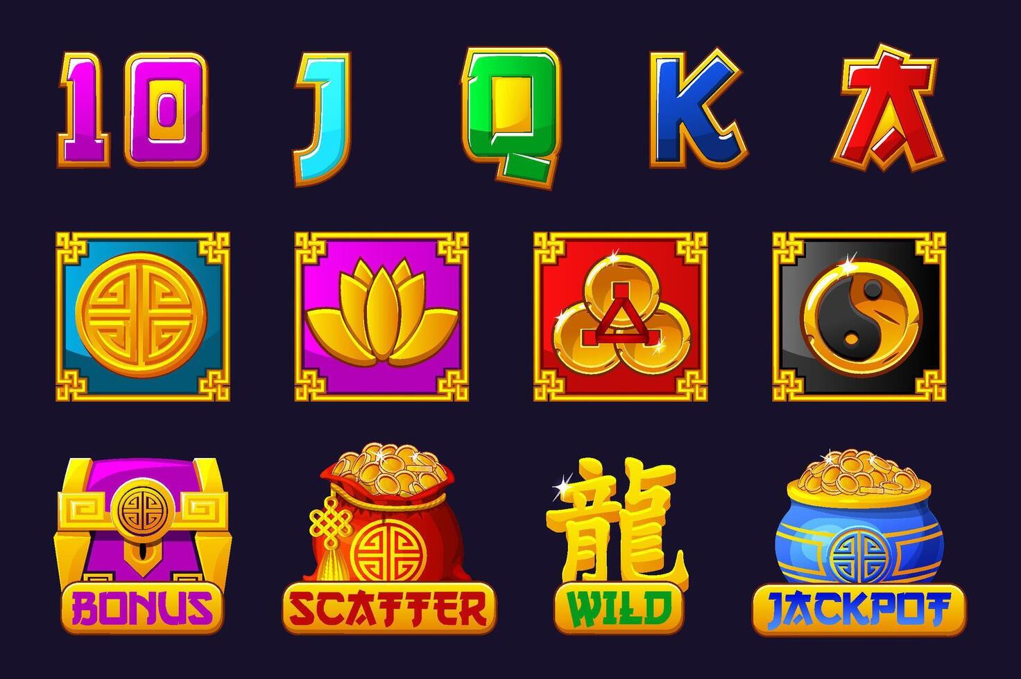 A complete set of symbols for the Chinese slot game. Here are the jackpot, bonus, wild and scatter symbols. Colored Chinese Icons for Game Development vector