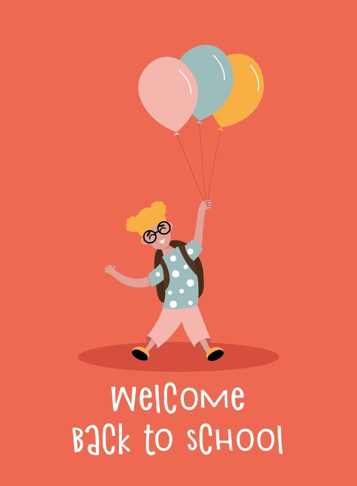 Back to school. Little girl with blonde hair holding on to three balls. Template for design. Funny cartoon characters. illustration. vector
