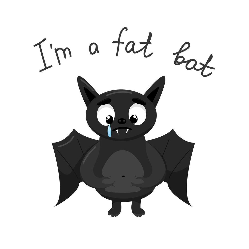 The character, a black bat, cries and holds a fat tummy. vector