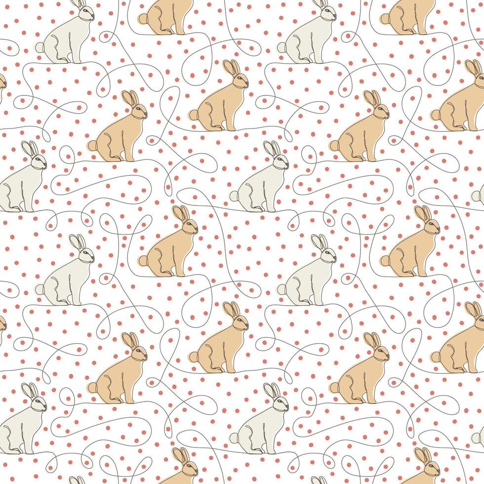 Seamless pattern with rabbits and polka dot. Continuous one line drawing vector
