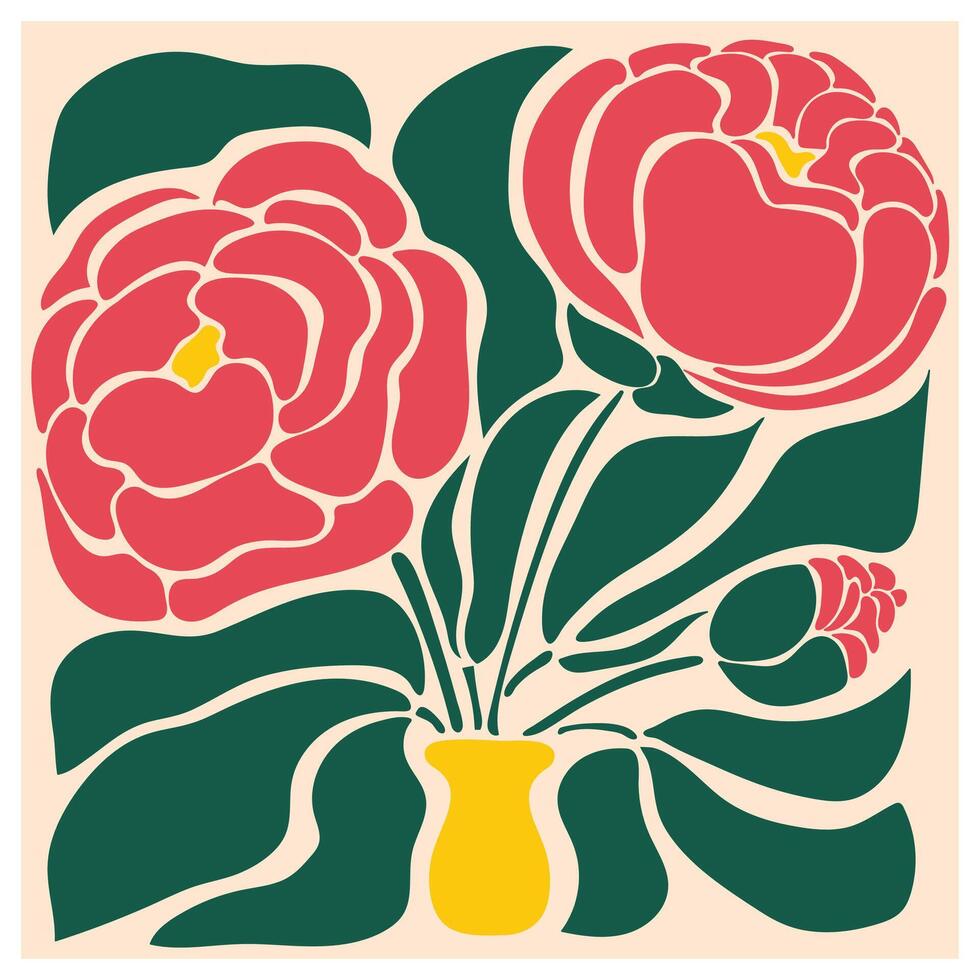 Floral retro poster with peonies. Trendy hand drawn flowers infantile style. Seventies, groovy background. Matisse curves aesthetic vector